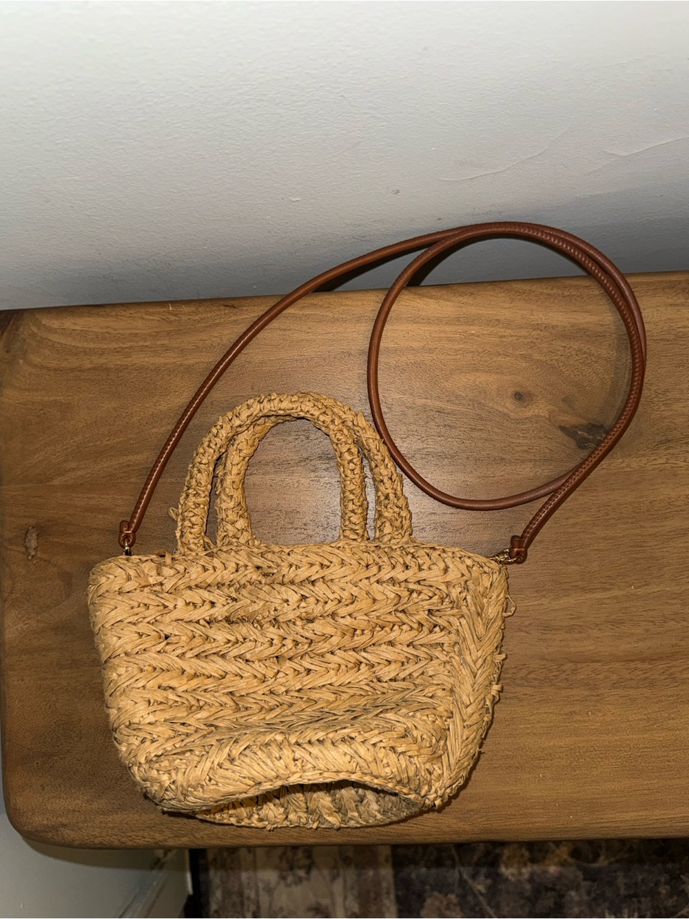 J. Crew Woven Straw Mini Crossbody Bag in Natural with Brown Strap